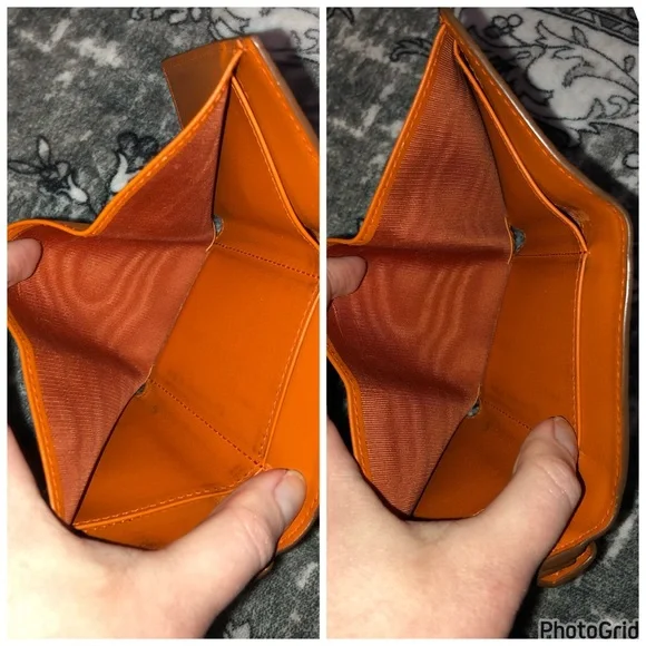 Prada AUTHENTIC Tan Leather Orange Interior Trifold Gold Logo Compact Wallet - Picture 15 of 16